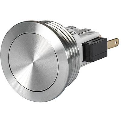 Ein kreisförmiger Metalldruckschalter mit silberner Oberfläche, mit robustem, industriellem Design und Seitenansicht, die die Anschlüsse zeigt.