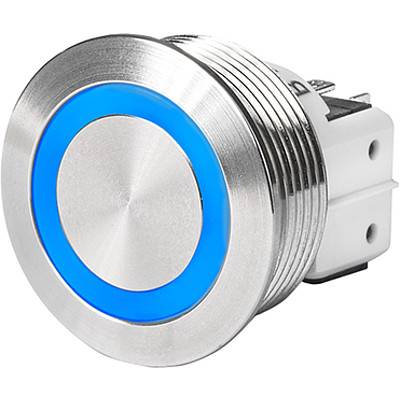Ein metallischer Druckknopfschalter mit einem blauen LED-Ring an seinem Rand. Der Knopf ist zylindrisch und für elektronische Anwendungen konzipiert.