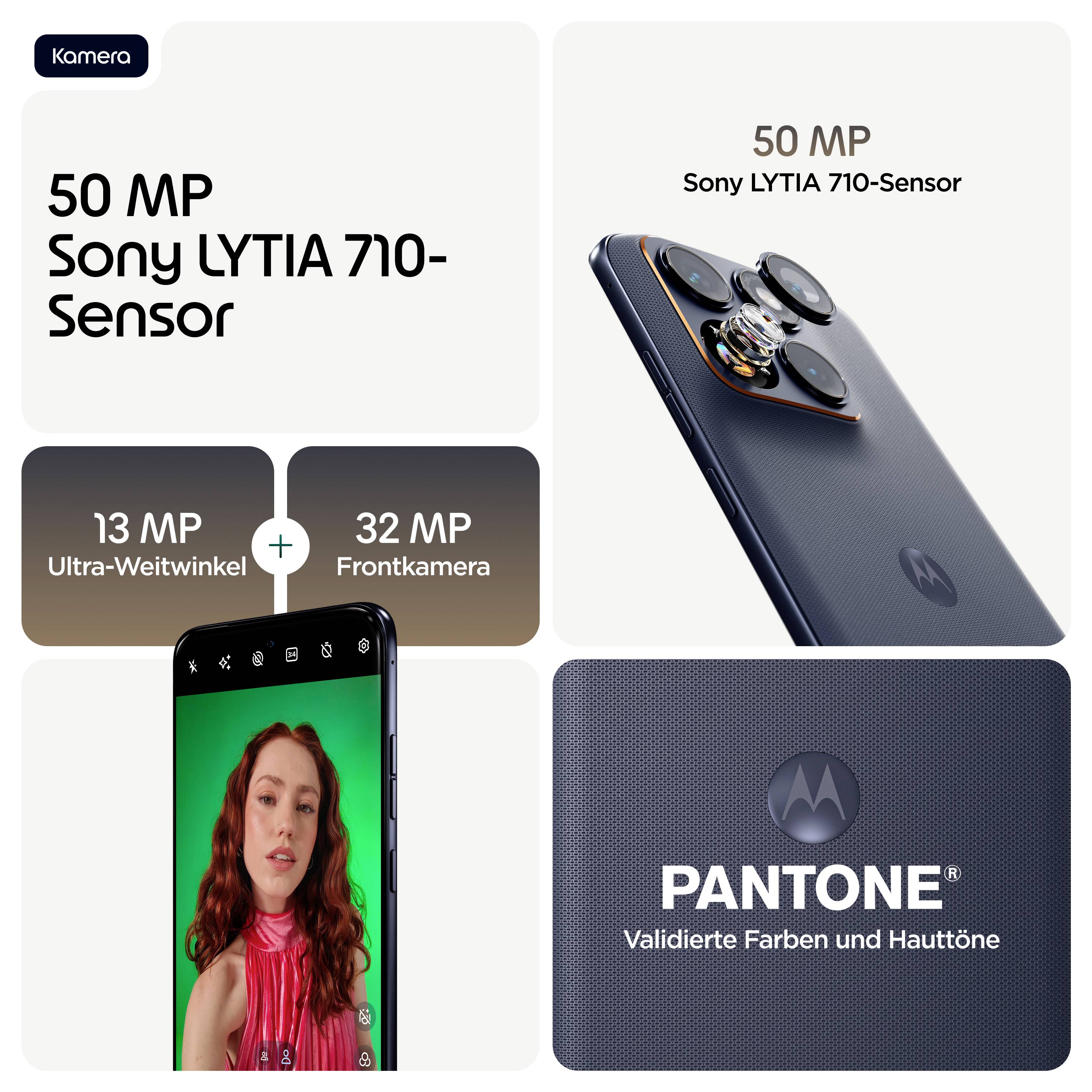 Smartphone mit 50-MP-Sony-LYTIA-710-Sensor, 13-MP-Ultraweitwinkel und 32-MP-Frontkamera. Verfügt über von Pantone validierte Farben.