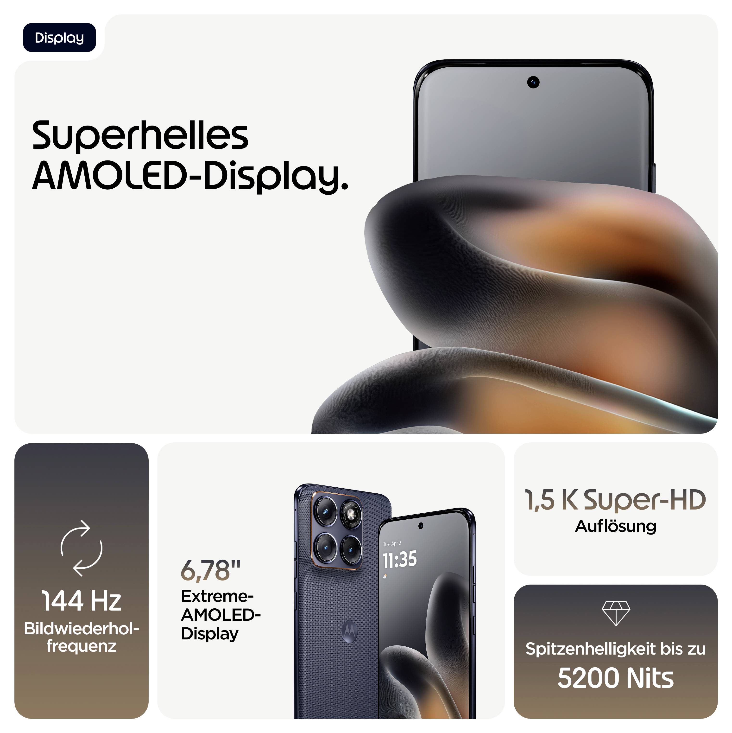 Superbright AMOLED-Display-Werbung mit einem Smartphone mit folgenden Funktionen: 144-Hz-Bildwiederholfrequenz, 6,78