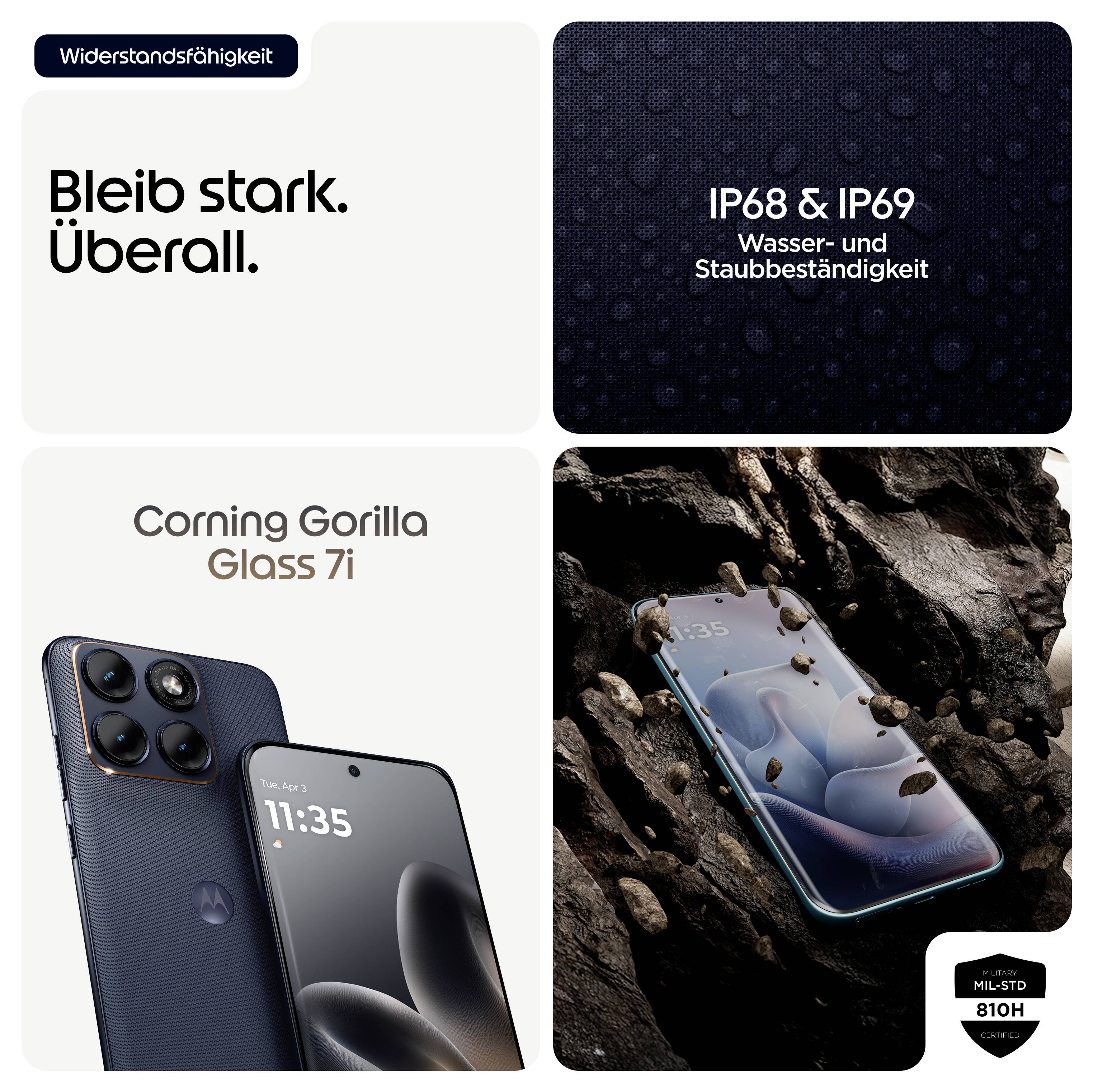 „Motorola-Telefon mit Quad-Kamera und Glasrückseite. Text: „Bleib stark. Überall. Corning Gorilla Glass 7i