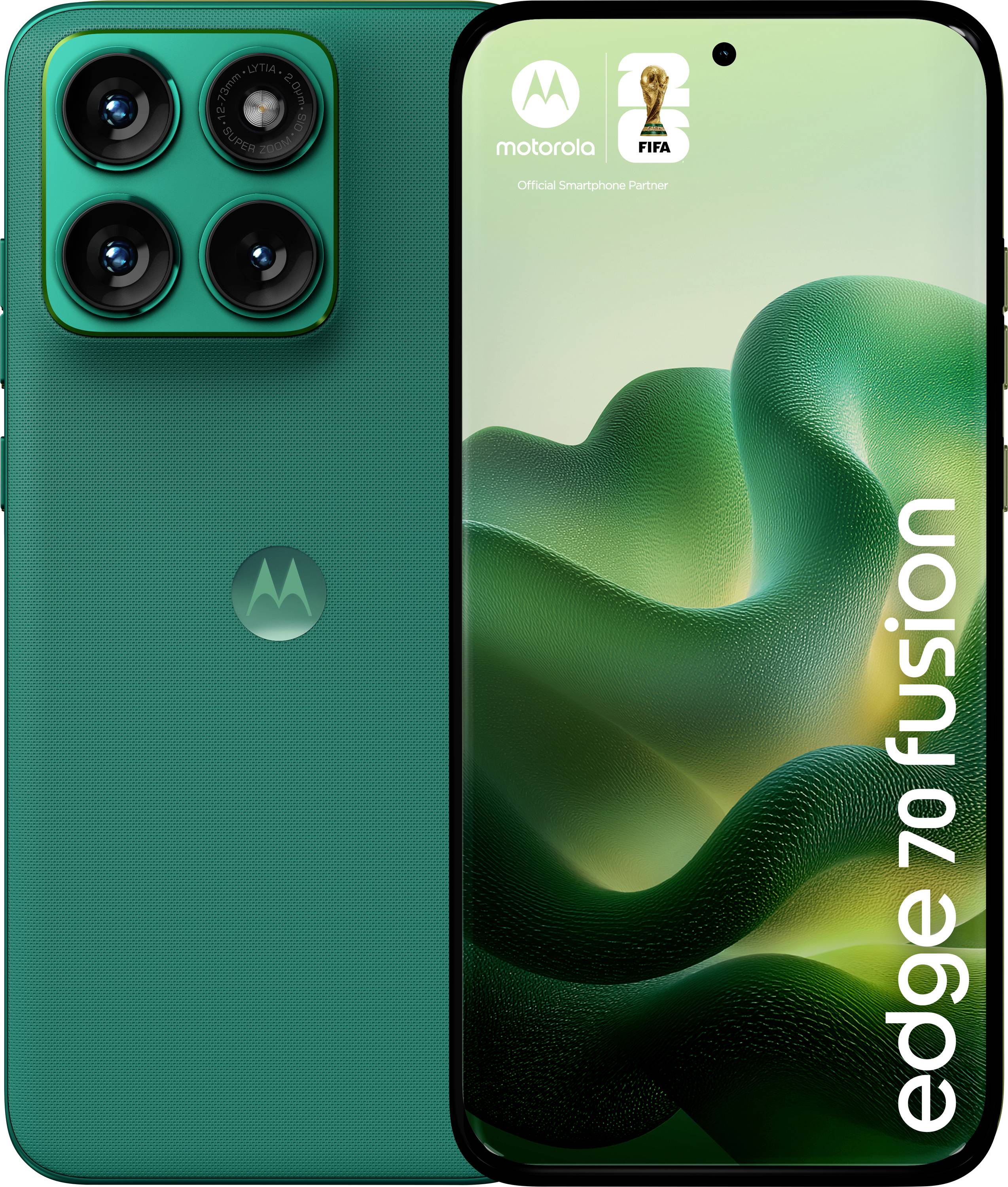 Vorder- und Rückansicht eines grünen Motorola Edge 70 Fusion Smartphones. Der Bildschirm zeigt abstrakte grüne Wellen und den Text 
