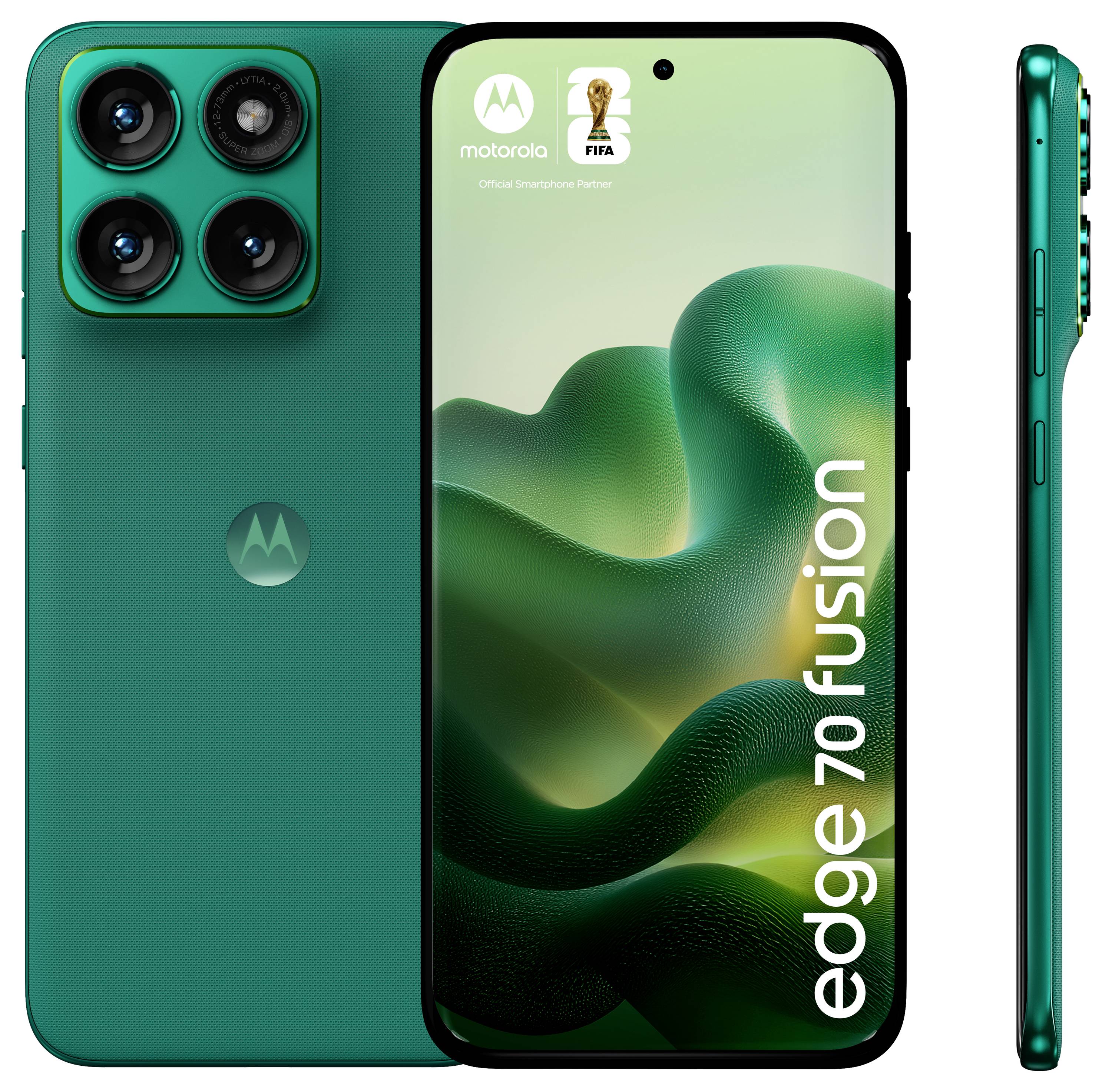Vorder- und Seitenansicht eines grünen Motorola Edge 70 Fusion Telefons, das einen strukturierten Bildschirm mit 