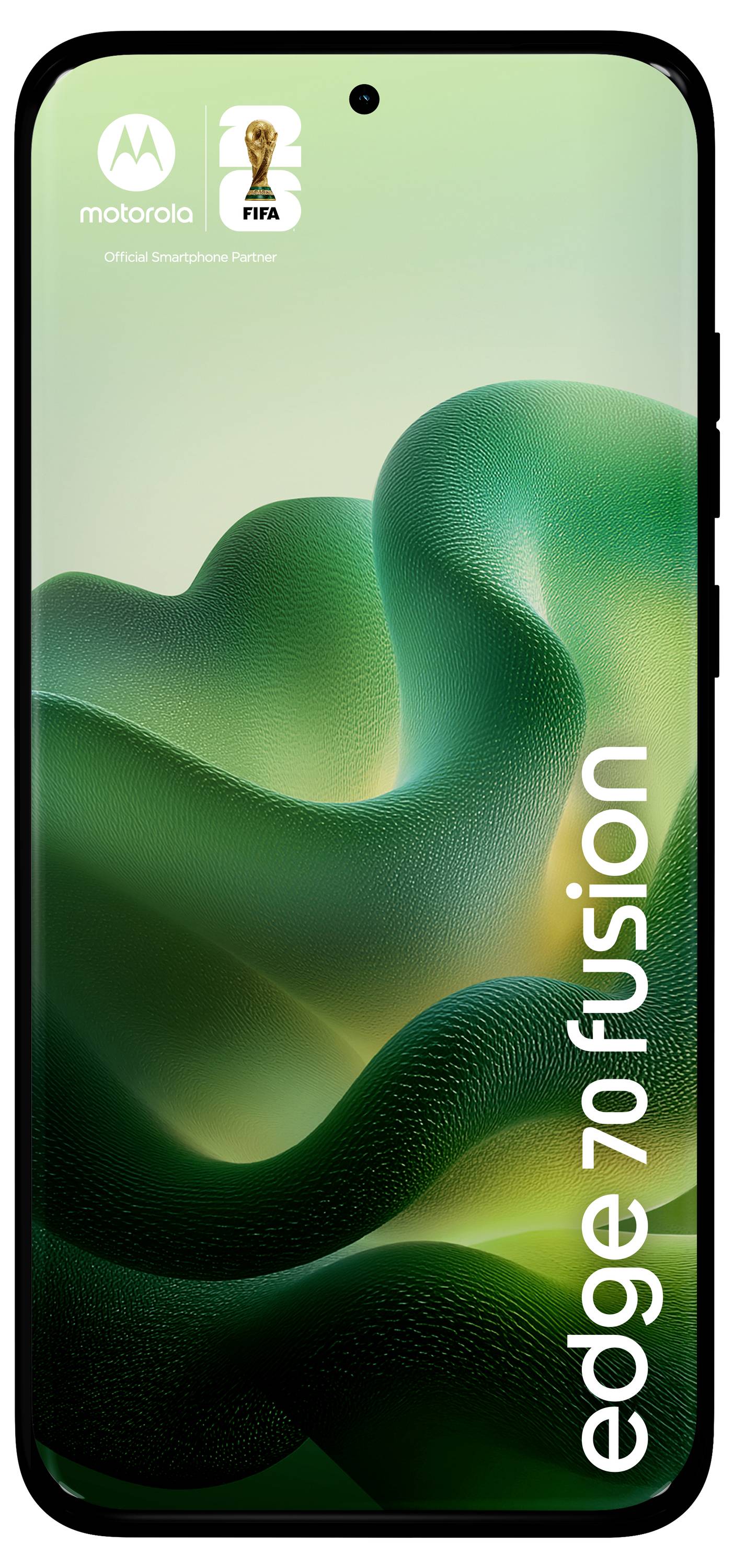 Ein Smartphone-Bildschirm zeigt ein grünes abstraktes Design mit dem Branding 