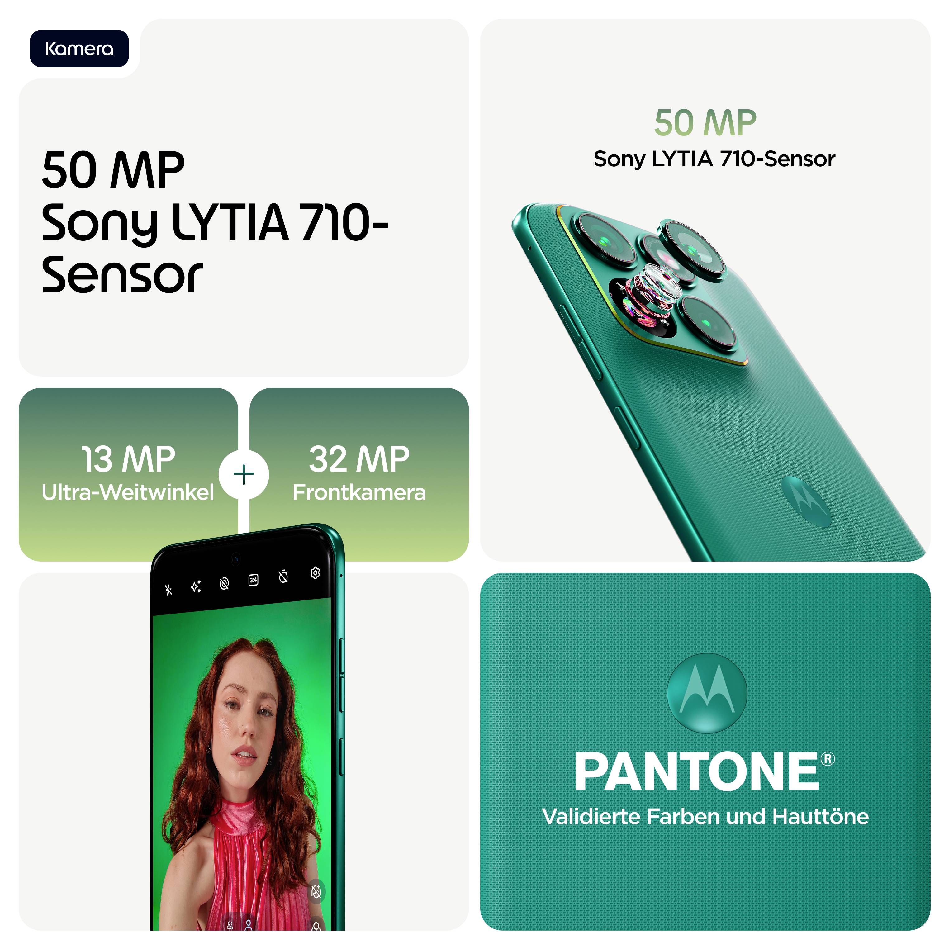 Smartphone-Kamerafunktionen: 50-MP-Sony-LYTIA-710-Sensor, 13-MP-Ultraweitwinkel, 32-MP-Frontkamera. PANTONE-validierte Farben und Hauttöne.