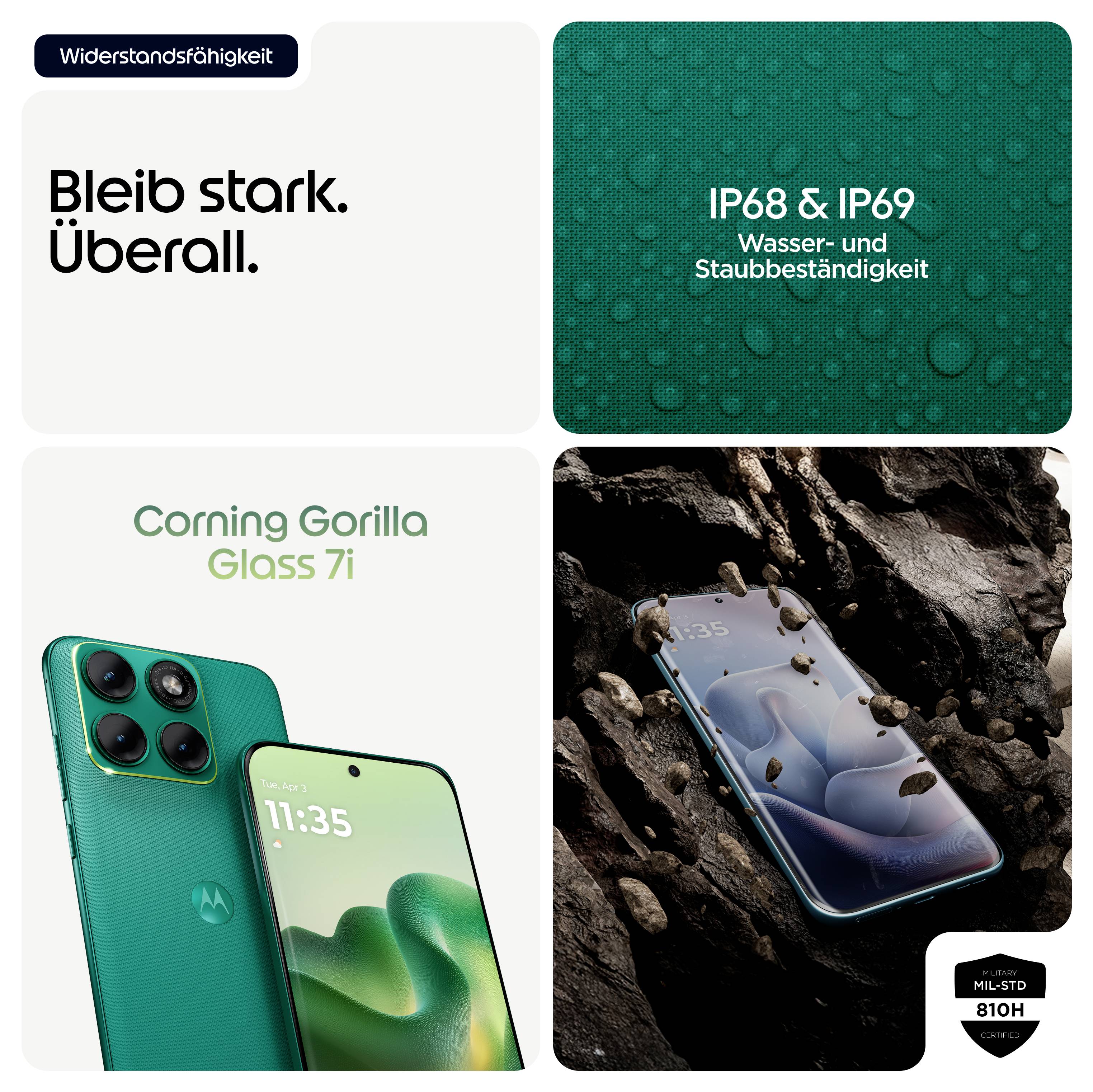 Bleib stark. Überall.<br><br>Text mit Bildern eines wasserfesten Telefons auf Felsen. Funktionen umfassen Corning Gorilla Glass 7i, IP68 & IP69.