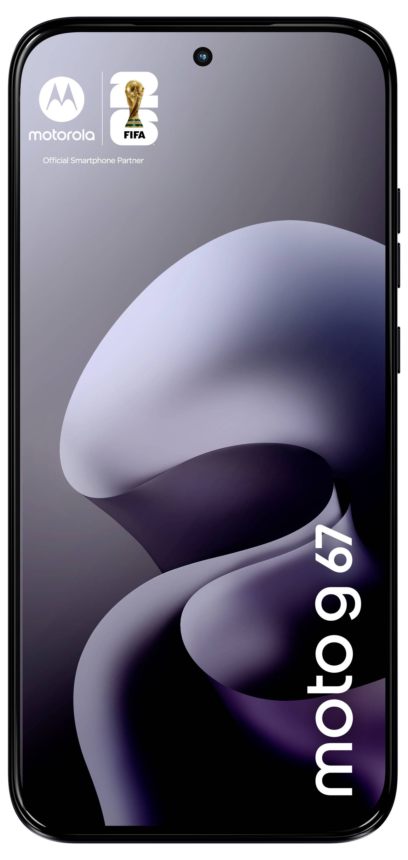 Smartphone-Vorderansicht mit Bildschirm und abstraktem Design. „moto g67