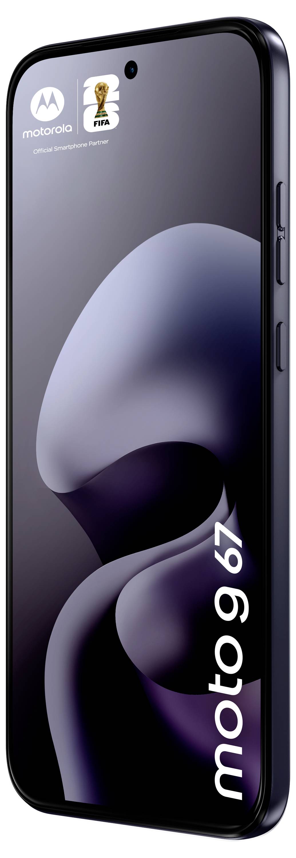 Vorderansicht eines schwarzen Motorola-Smartphones mit dünnen Rändern, mit der Bezeichnung „moto g 67