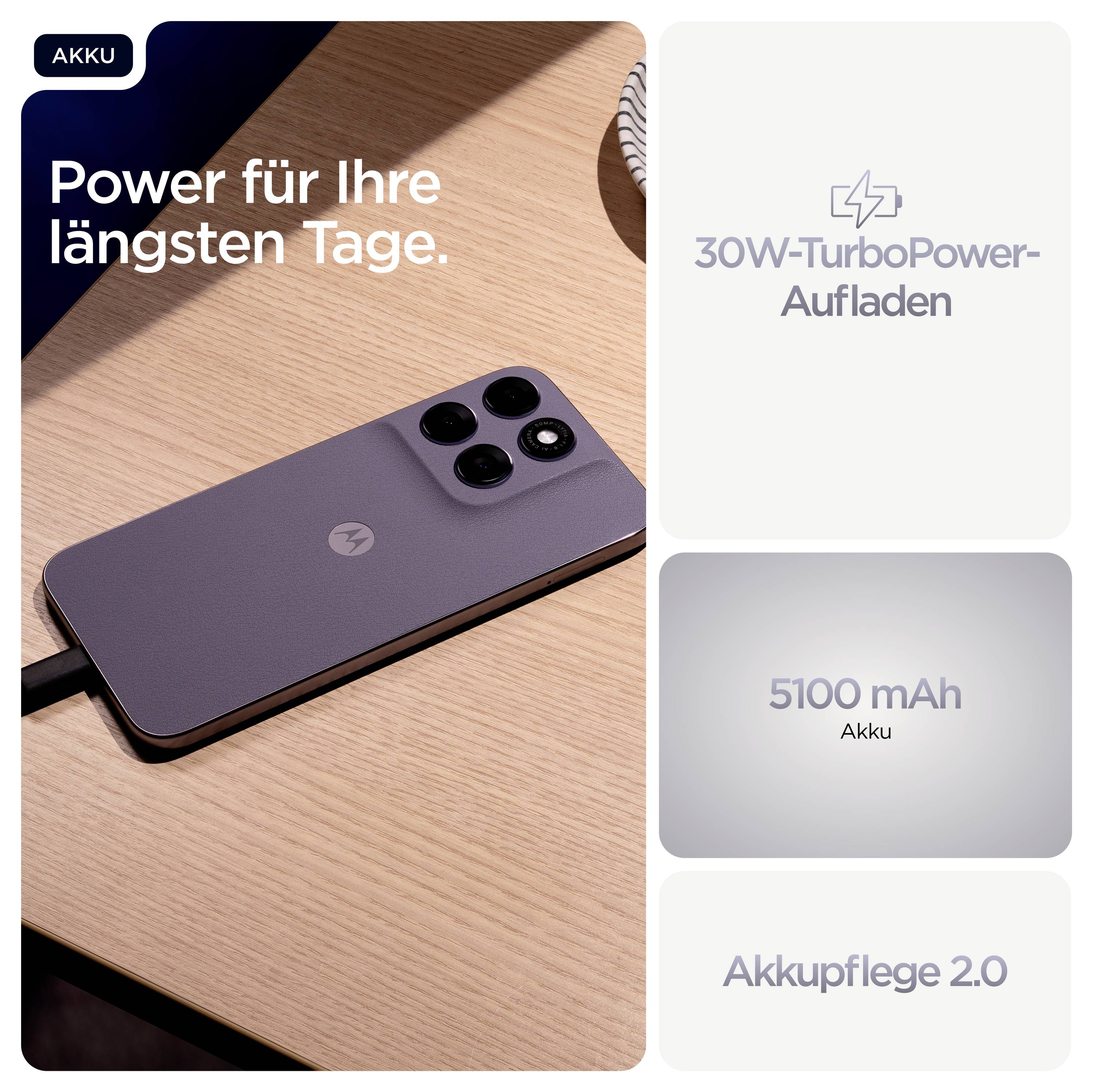 Ein Smartphone liegt auf einer Holzoberfläche und wird aufgeladen, mit deutschem Text, der 30W Schnellladung und einen 5100-mAh-Akku beschreibt.