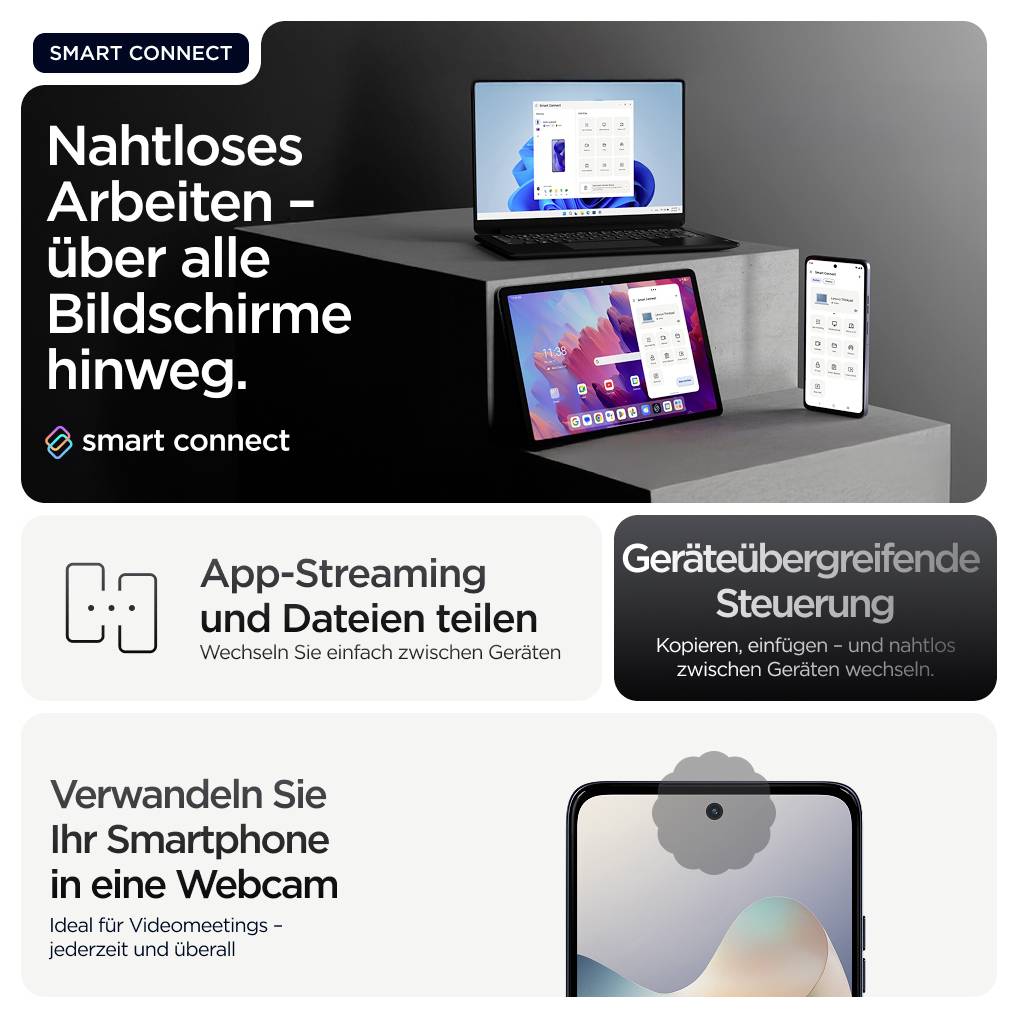 Laptop, Tablet und Smartphone mit Smart-Connect-Funktionen. Text: „Nahtloses Arbeiten - über alle Bildschirme hinweg