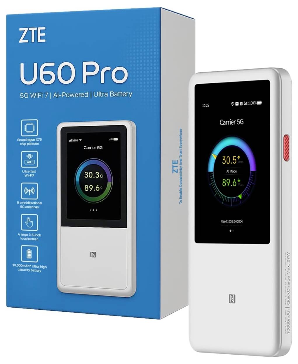 'ZTE U60 Pro' 5G-Hotspot-Gerät Verpackung und Produkt. Die Verpackung hebt Funktionen hervor: WiFi 7, KI-gesteuert, ultrastarker Akku. Das Geräte-Display zeigt '30,3°C' und '89,6%'.