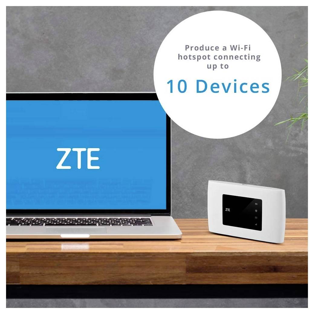 Ein Laptop und ein ZTE-WLAN-Router auf einem Tisch mit Text: „Erstellen Sie einen WLAN-Hotspot, der bis zu 10 Geräte verbindet.