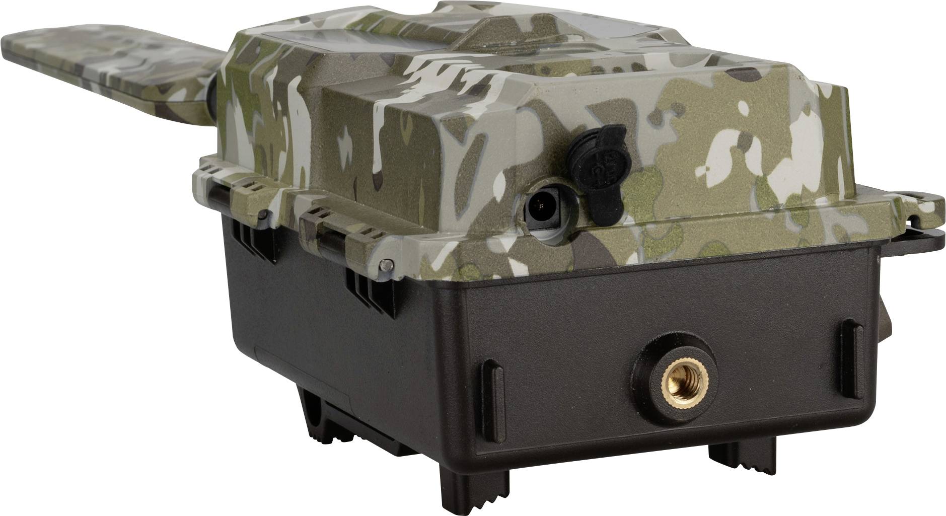 Ein elektronisches Gerät mit Camouflage-Muster, einer hervorstehenden Antenne und einer Anschlussanschluss-Buchse, möglicherweise zur Verwendung bei der Außenluft-Kommunikation oder zum Tracking genutzt.