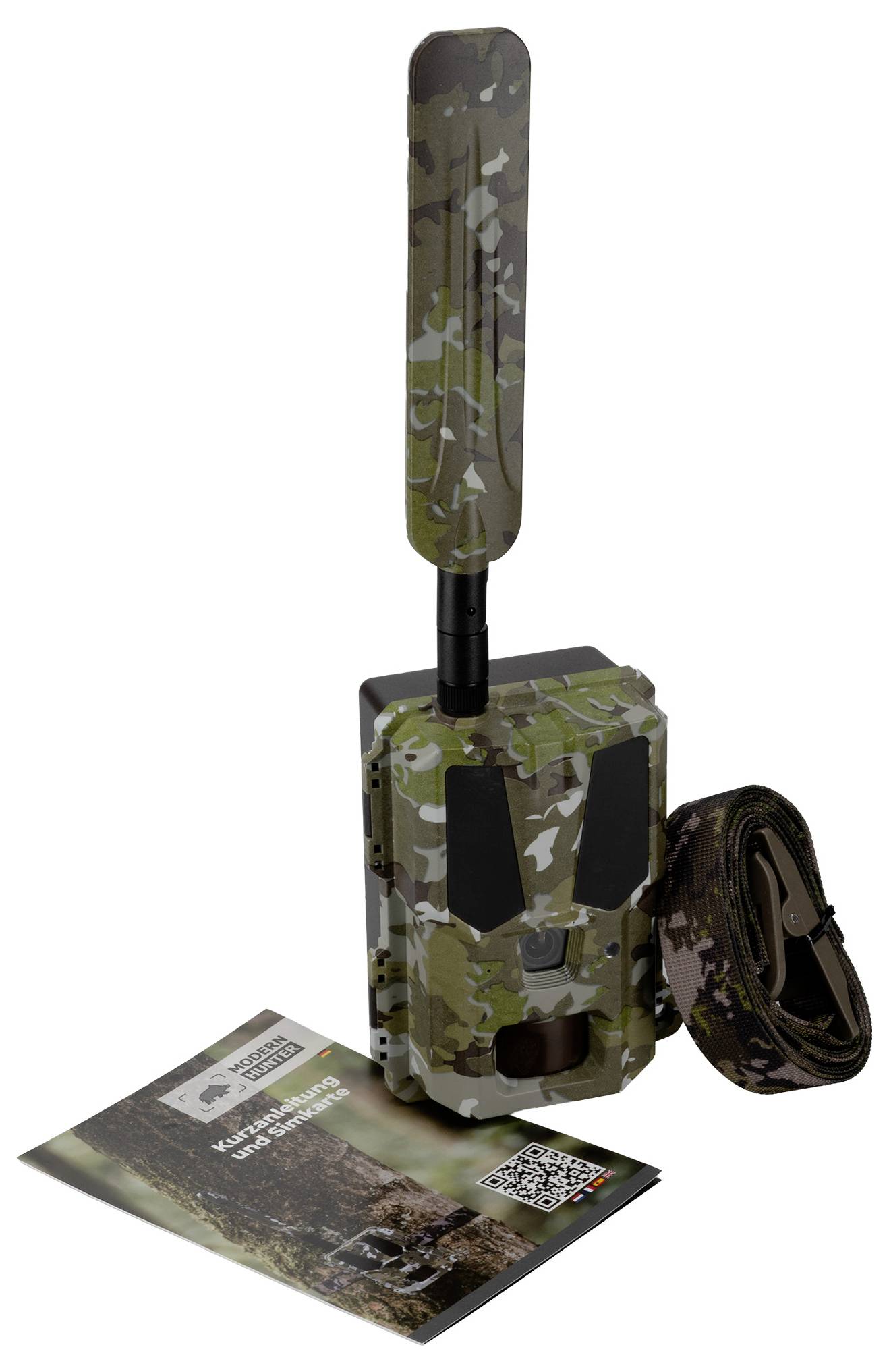 Eine Wildkamera mit Tarnmuster, eine Antenne, ein Riemen und eine Informationsbroschüre sind abgebildet.
