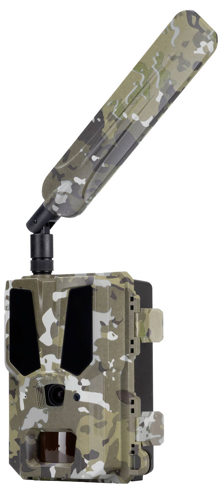 Eine getarnte Wildkamera mit einer großen Antenne, die für den Außeneinsatz konzipiert ist, wahrscheinlich zur Überwachung von Tieren oder für Umweltforschung.