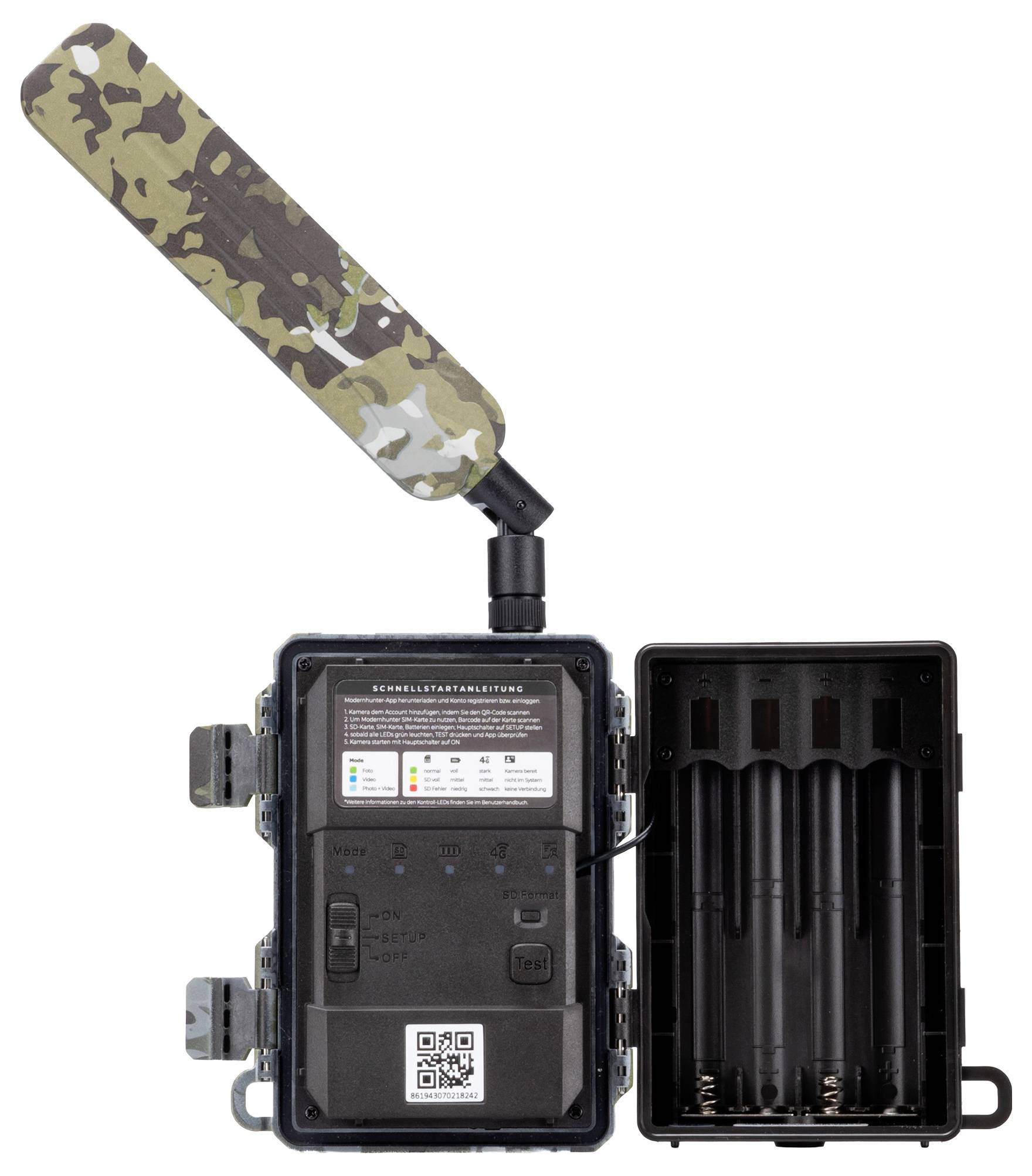 Ein tragbares drahtloses Gerät mit getarnter Antenne und offenenem Batteriefach, ausgestattet mit QR-Code und Statusanzeigen.