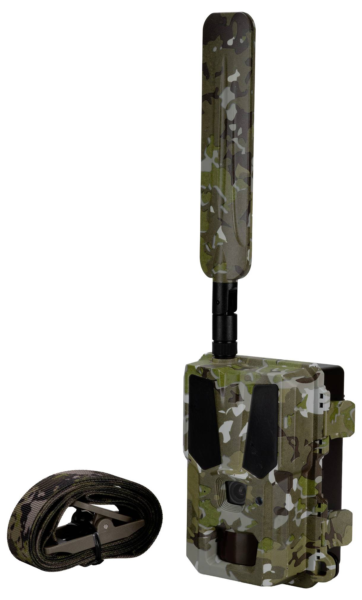 Eine in Tarnmuster gestaltete Wildtierkamera mit einer langen Antenne, konzipiert für den Außeneinsatz, sitzt neben einem passenden Tarnriemen.