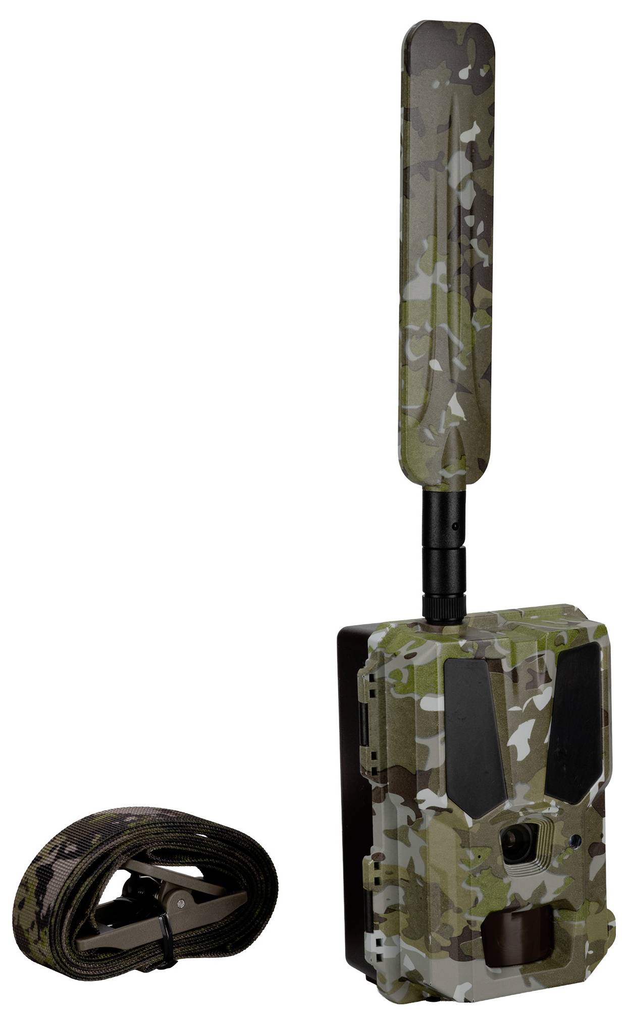 Eine getarnte Wildtierkamera mit Antenne und Riemen, speziell für den Außeneinsatz konzipiert und ermöglicht die Fernüberwachung von Wildtieren.