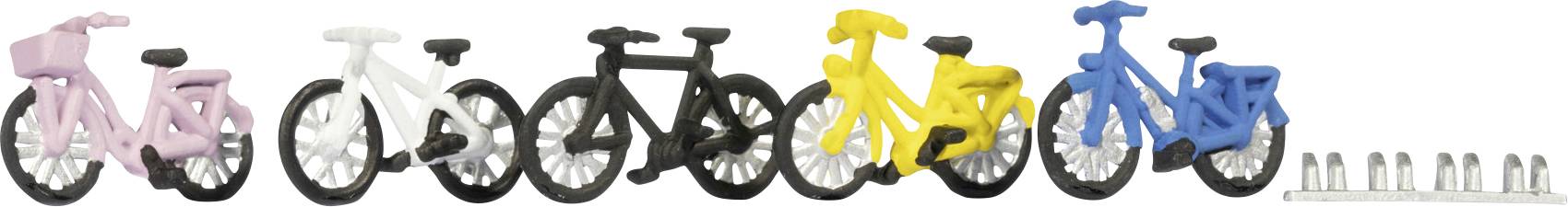 Fünf Fahrradmodelle in Miniatur in verschiedenen Farben (rosa, weiß, schwarz, gelb und blau) sind aufgereiht, gefolgt von neun kleinen silbernen Zylindern.