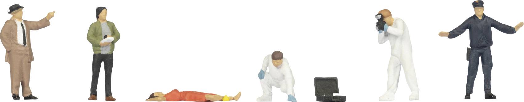 Figuren eines Detektivs, Reporters, Mediziners, der eine Leiche untersucht, Fotografen und Polizisten, die eine Tatortuntersuchung darstellen.