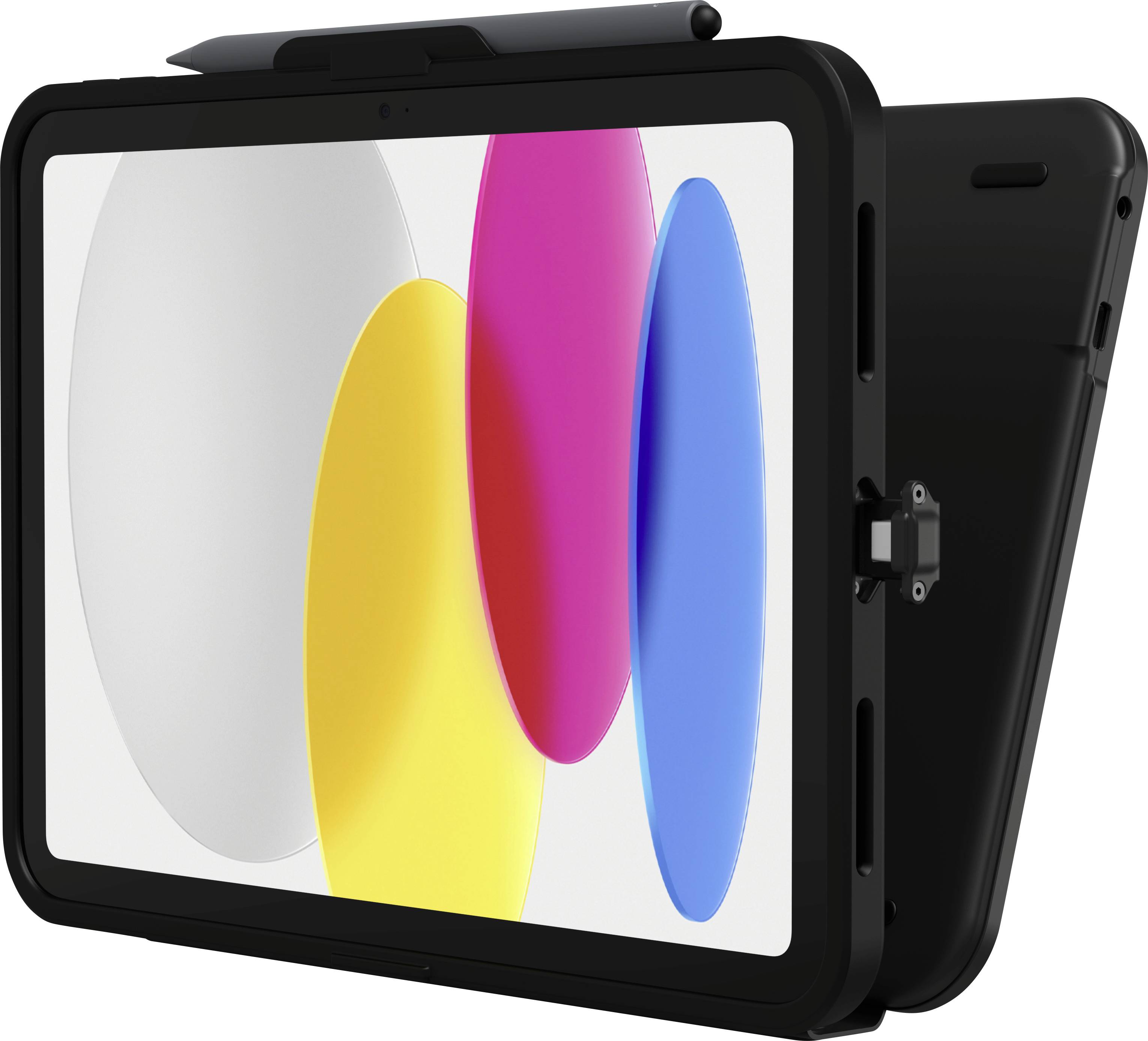 Ein schwarzes elektronisches Gerät, wahrscheinlich ein Tablet mit einer Schutzhülle, zeigt bunte abstrakte Kreise auf seinem Bildschirm: grau, gelb, rosa und blau.