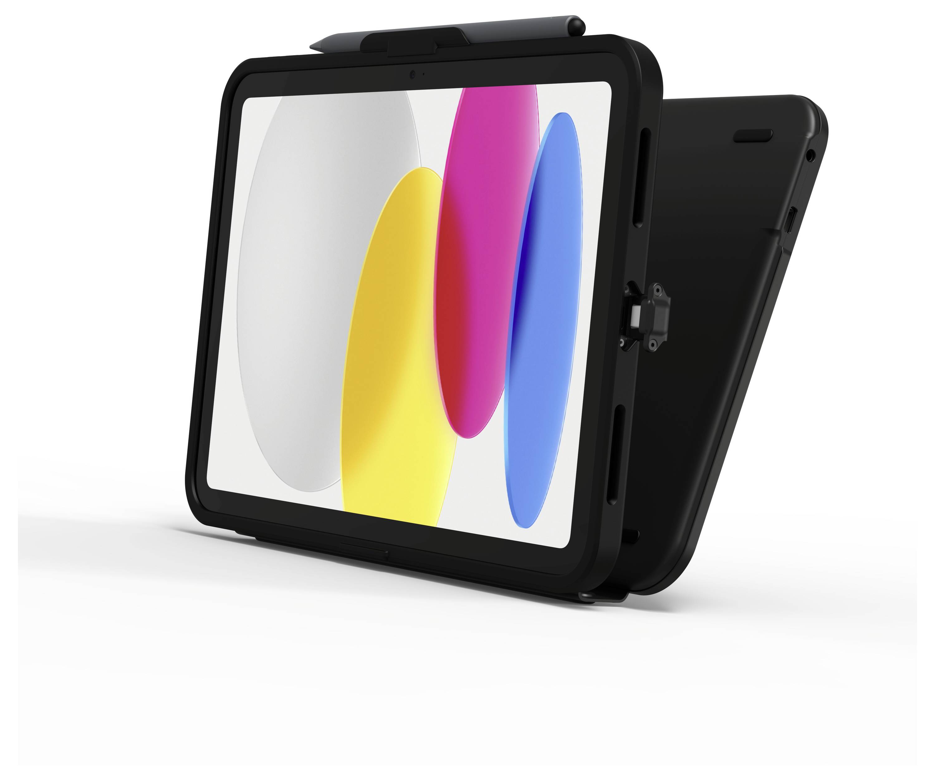 Ein Tablet mit einem schwarzen Schutzetui zeigt ein buntes Hintergrundbild mit sich überlappenden Ovalen in Weiß, Gelb, Rosa und Blau.