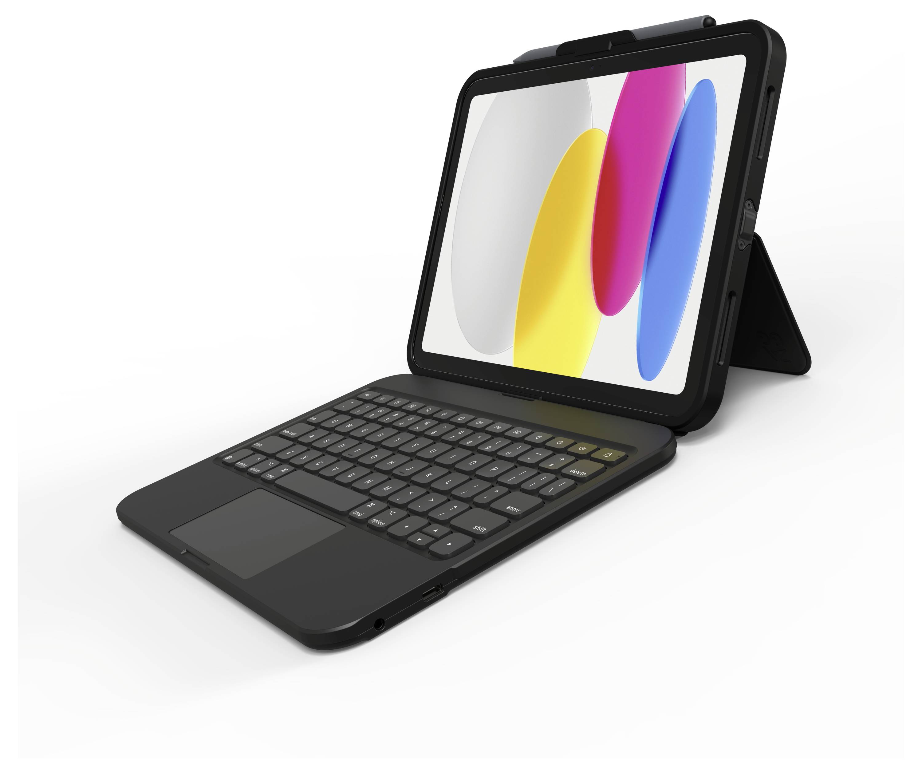 Ein Tablet mit einem farbenfrohen Bildschirm, das an einer schwarzen Tastatur und einem Ständer befestigt ist, nach links geneigt.