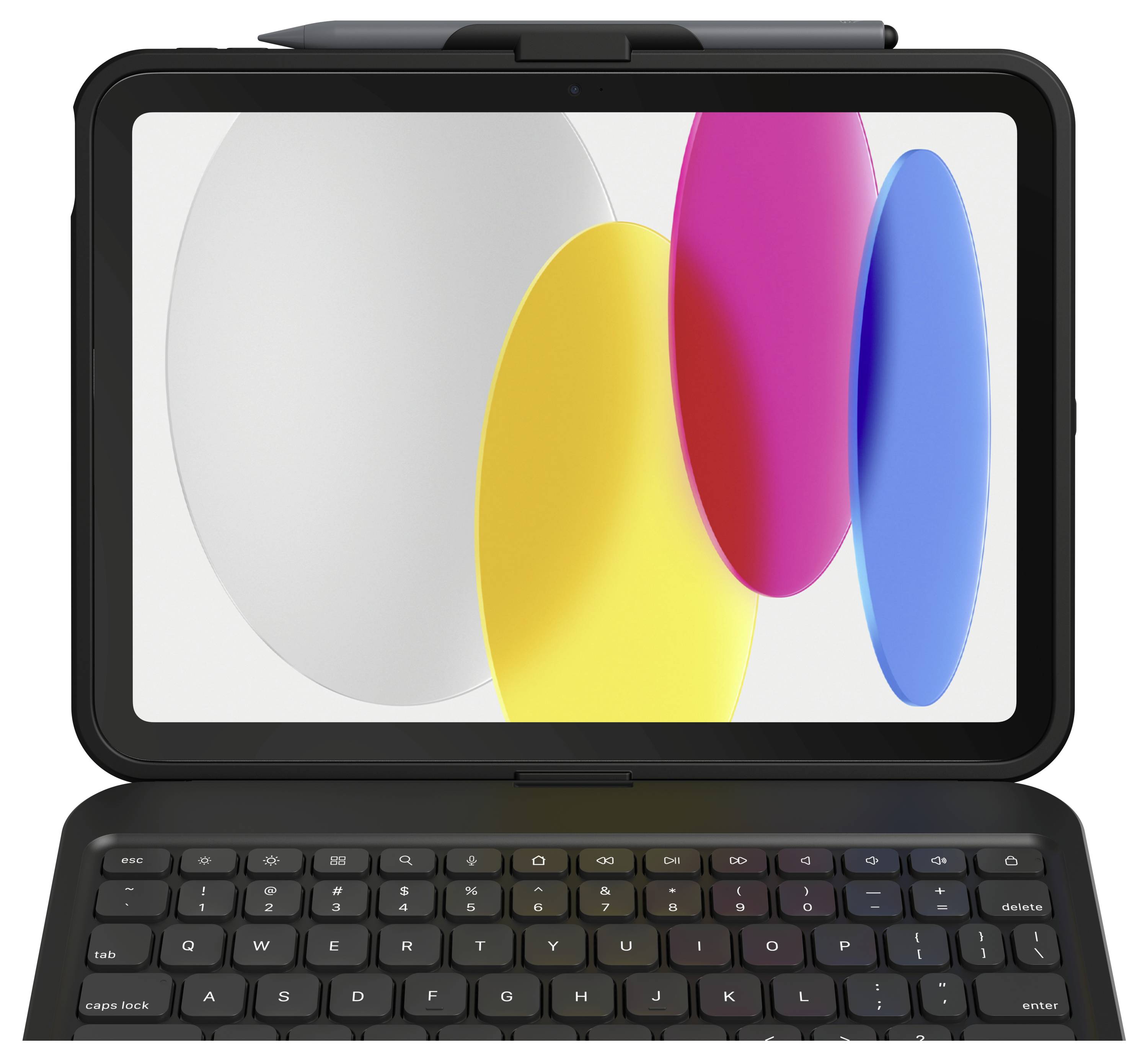Ein Tablet mit einer Tastatur zeigt ein farbenfrohes abstraktes Design auf dem Bildschirm mit sich überlappenden ovalen Formen in Weiß, Rosa, Gelb und Blau.