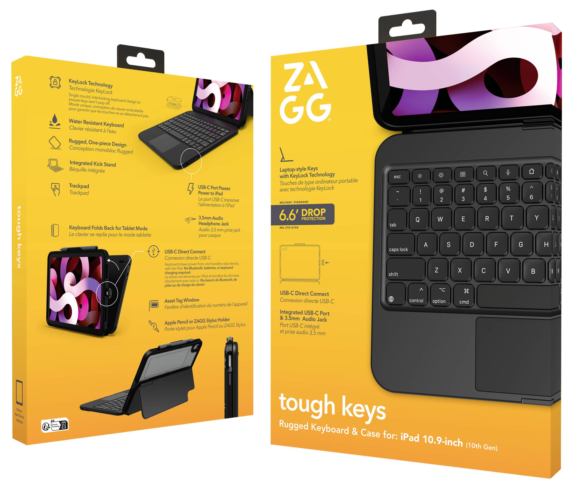 'ZAGG Tough Keys' Verpackung für iPad 10,9-Zoll-Tastaturfallgehäuse. Zu den Funktionen gehören robuster Schutz, einfache Konnektivität und lange Akkulaufzeit.