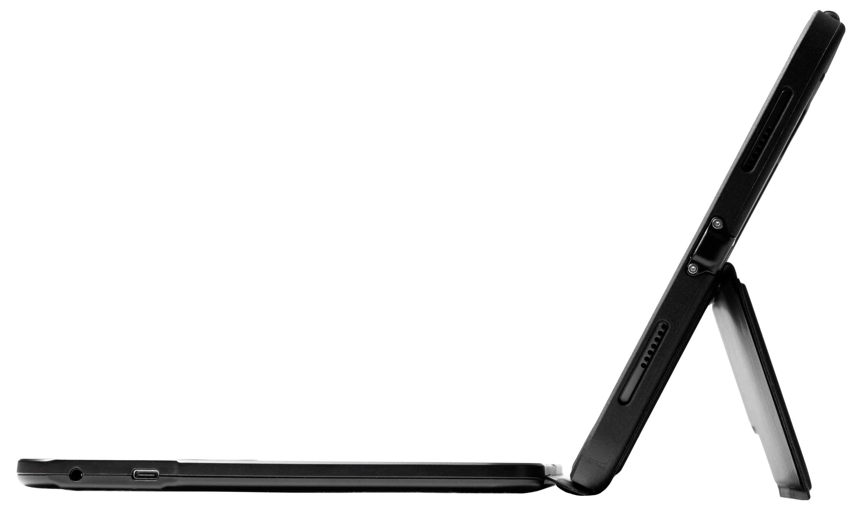 Ein schlankes schwarzes Tablet mit verstellbarem Ständer, von der Seite betrachtet, zeigt sein elegantes Design und seine Portabilität.