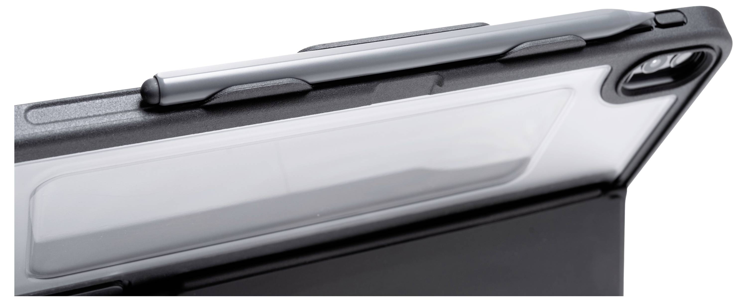 Eine schwarze Schutzhülle für ein elektronisches Gerät mit einem transparenten Bereich und verstärkten Ecken für zusätzliche Langlebigkeit.