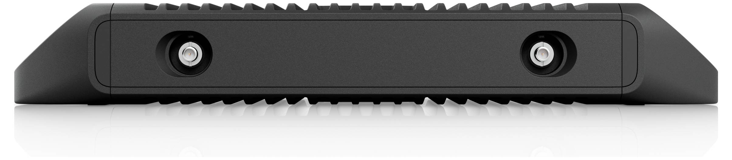 Ein schwarzes elektronisches Gerät mit zwei linsenähnlichen Komponenten auf der Vorderseite, möglicherweise ein Sensor oder eine Kamera, vor einem weißen Hintergrund.