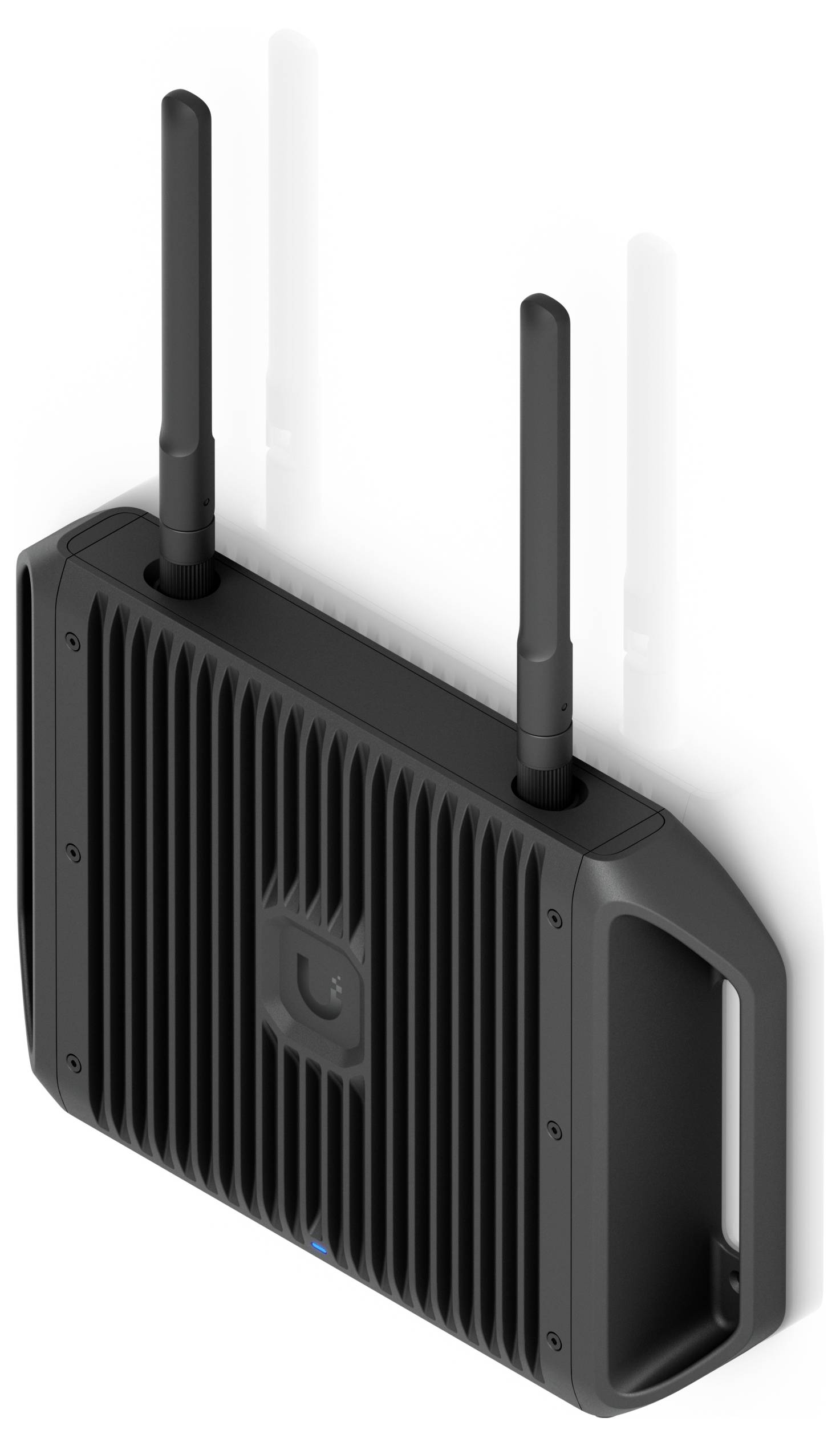 Ein schwarzes kabelloses Netzwerkgerät mit zwei aufrecht stehenden Antennen, das ein gerilltes Design und ein kleines Logo auf der Vorderseite aufweist.