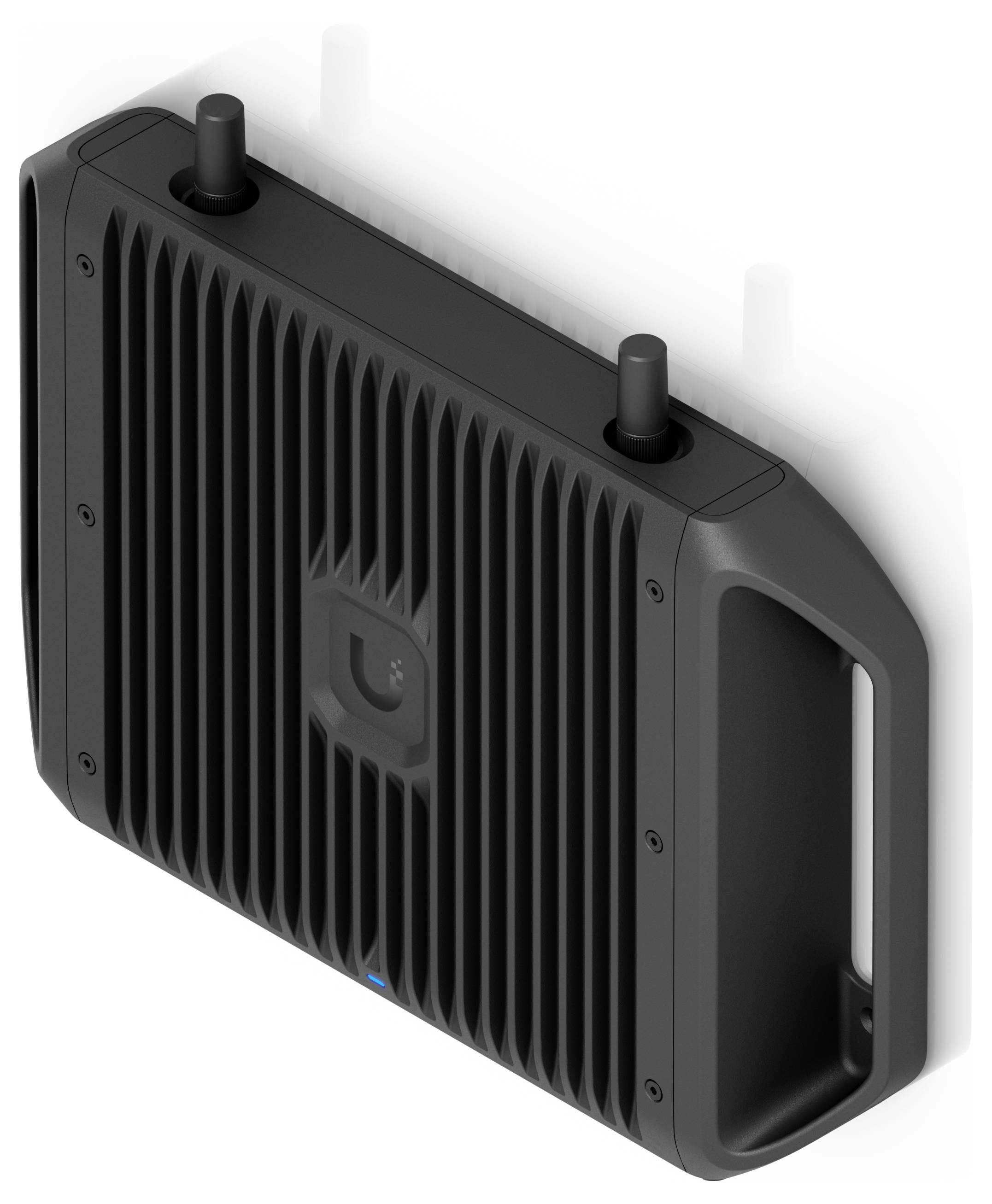 Ein schwarzes, vertikal montiertes elektronisches Gerät mit zwei Antennenanschlüssen und einer gerippten Oberfläche, das für drahtlose Netzwerkverbindungen verwendet wird.