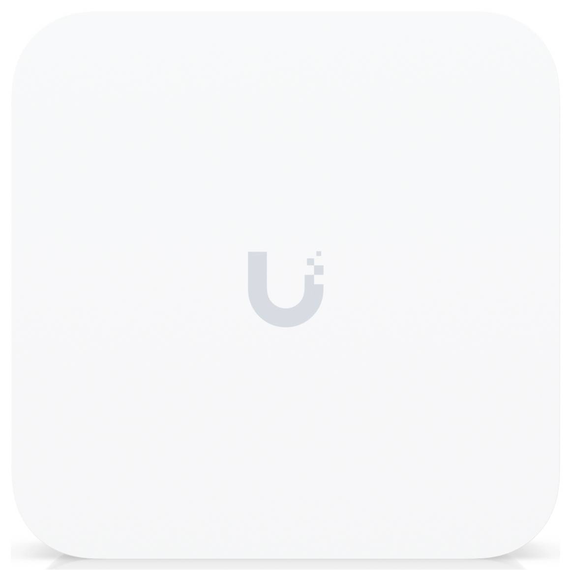 Ein weißes quadratisches Gerät mit abgerundeten Ecken, das in der Mitte ein stilisiertes graues Buchstaben-Logo 