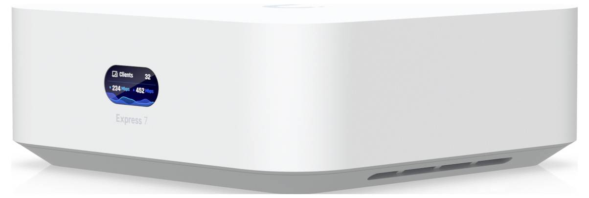 Ein weißes, gekrümmtes elektronisches Gerät mit einem kleinen Display-Bildschirm, der den Netzwerkstatus anzeigt, gekennzeichnet mit „Express 7