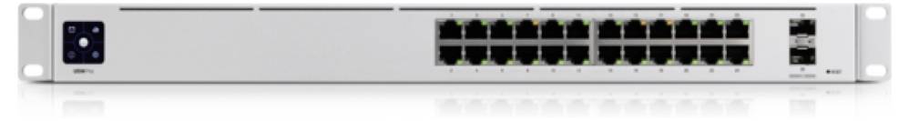 Ein Netzwerk-Switch mit 24 Ethernet-Ports und 2 SFP-Ports wird auf weißem Hintergrund angezeigt.