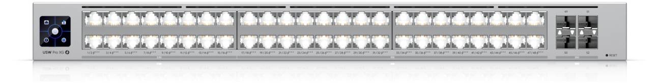 Ein Rack-montierbarer Netzwerk-Switch mit mehreren Ethernet-Anschlüssen und Kontrollleuchten.