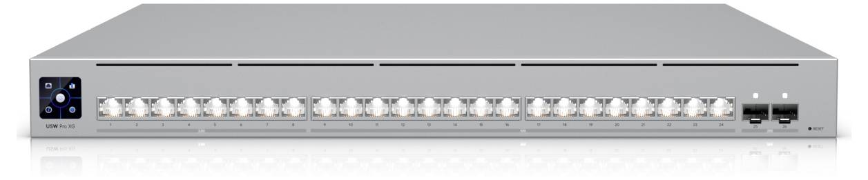 Ein eleganter Netzwerk-Switch mit 16 Ethernet-Ports und zwei SFP-Ports an der Vorderseite, der zum Verbinden mehrerer Geräte in einem Netzwerk verwendet wird.