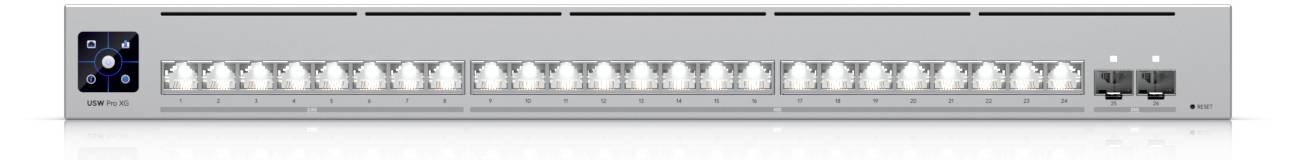 Ein Netzwerk-Switch mit 24 Ethernet-Anschlüssen und zwei zusätzlichen Uplink-Anschlüssen wird gezeigt, der zum Verbinden mehrerer Geräte in einem Netzwerk konzipiert ist.