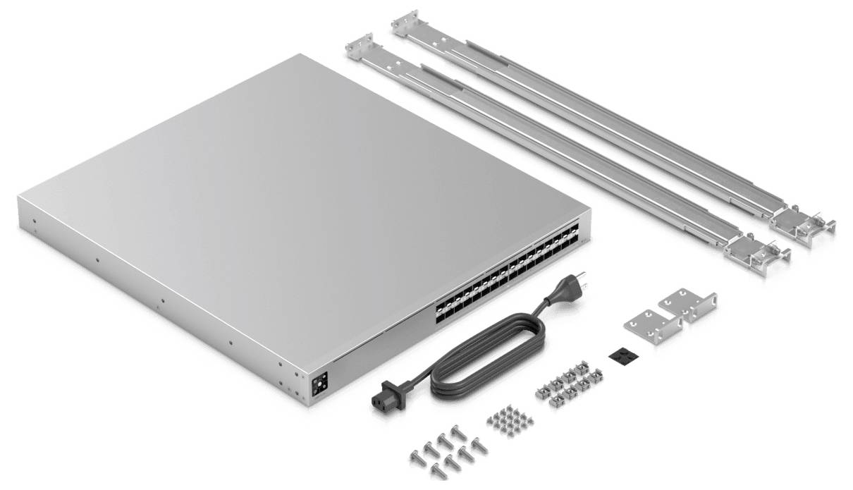 Datenschalter mit Montageklammern, Stromkabel, Schrauben und Komponenten für die Installation