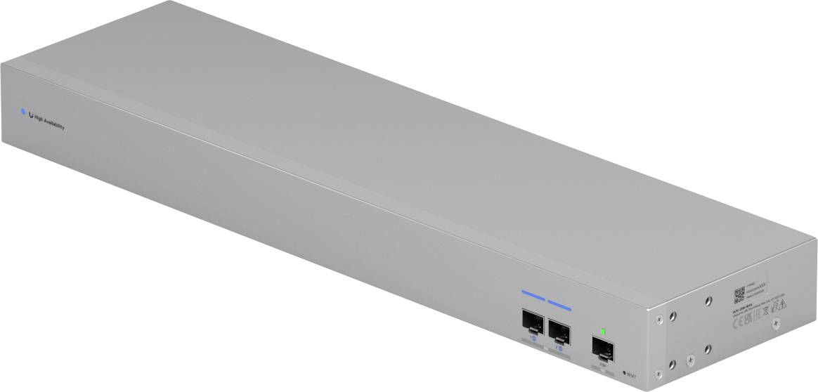 Ein graues Netzwerkgerät mit zwei Ethernet-Anschlüssen und Kontrollleuchten, das für Konnektivität und Routing in der Netzwerkinfrastruktur verwendet wird.