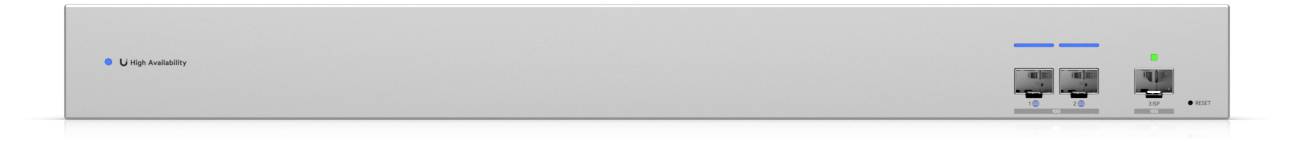 'Meraki MX64' Gerät mit zwei Ethernet-Anschlüssen, Statusleuchten und einem kleinen Logo auf der linken Seite.