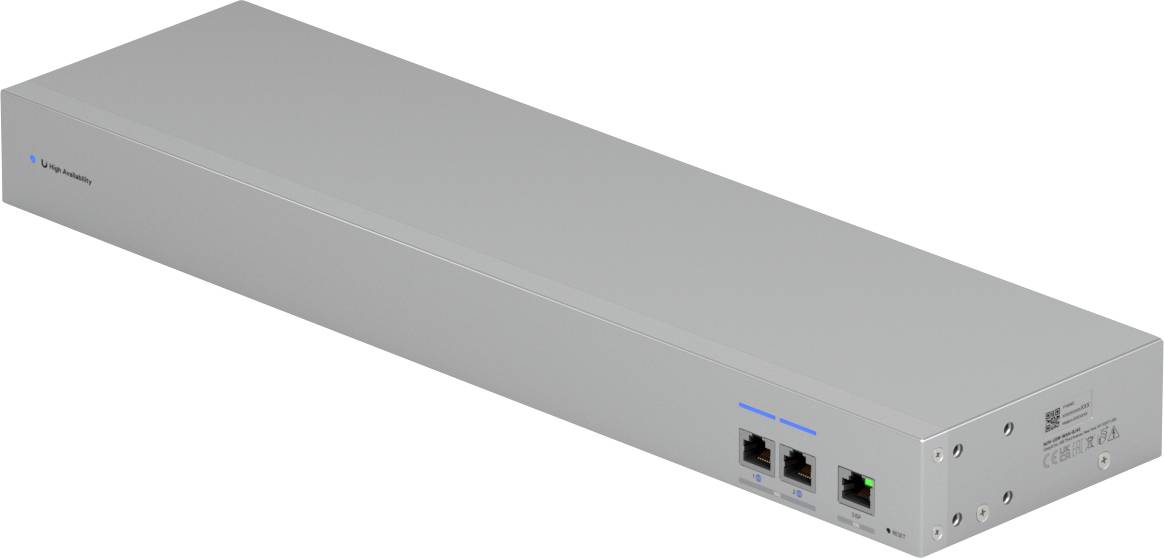 Ein rechteckiges metallisches elektronisches Gerät mit mehreren Anschlüssen auf einer Seite, das üblicherweise zum Verbinden von Netzwerkkabeln oder Geräten verwendet wird.