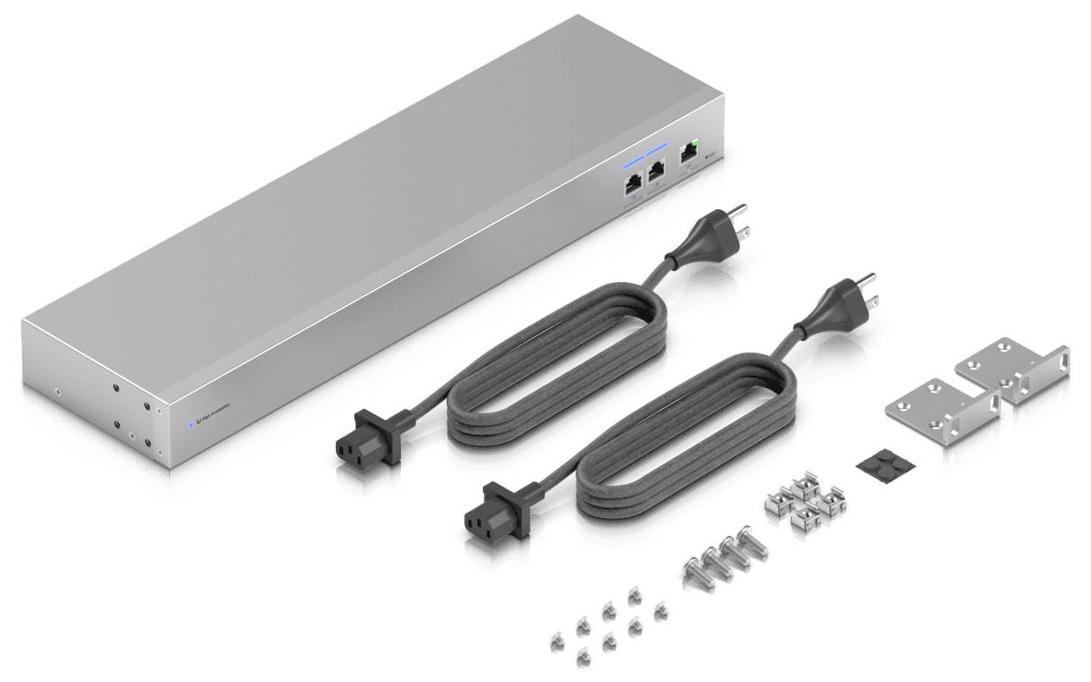 Stahlverteileinheit für Stromversorgung mit zwei schwarzen Stromkabeln, Montageklammern und Schrauben, konstruiert für die Installation in Serverracks.
