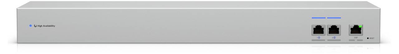 Ein graues Netzwerkgerät mit zwei Ethernet-Anschlüssen und Anzeigelichtern.