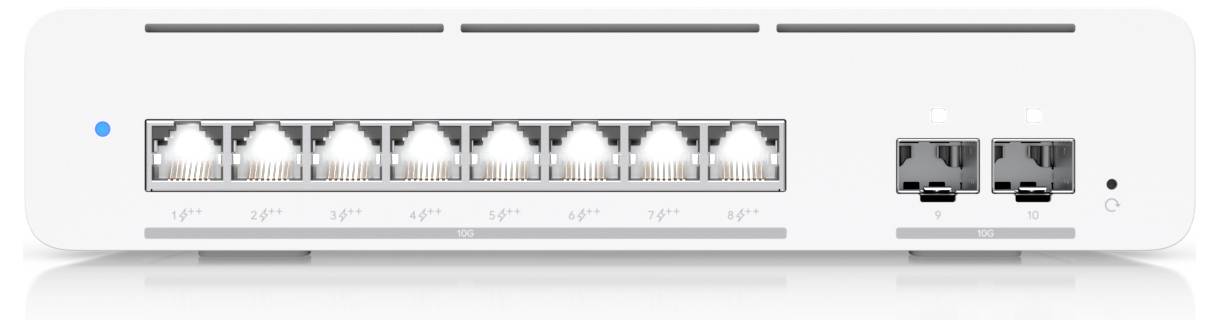 Netzwerk-Switch mit acht Ethernet-Anschlüssen und zwei SFP-Anschlüssen, Vorderansicht, in einem weißen Gehäuse.