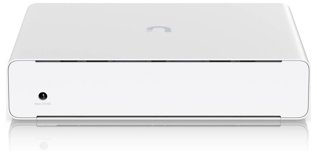 Ein schlankes weißes elektronisches Gerät mit einem kleinen Logo oben und einem einzelnen Eingangsanschluss mit der Bezeichnung „DC Input