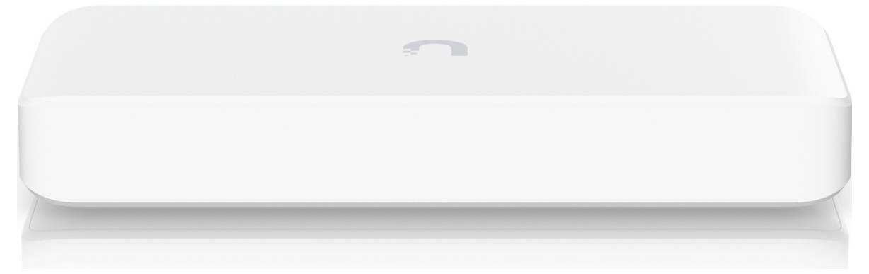 Ein rechteckiges weißes elektronisches Gerät mit minimalistischem Design und einem Logo oben, das einem Netzwerk oder Medienserver ähnelt.