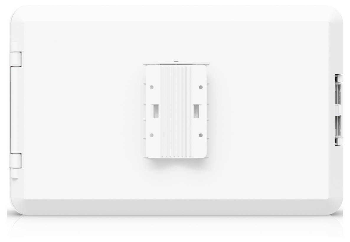 Weiße rechteckige Vorrichtung mit einer zentralen Montageklammer, USB-Anschlüsse auf der rechten Seite sichtbar.